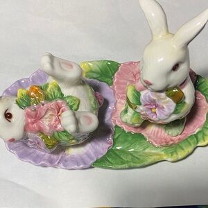 Bunny Salt Pepper Shakers Set Majolica Easter Table Decor by Corner Ruby